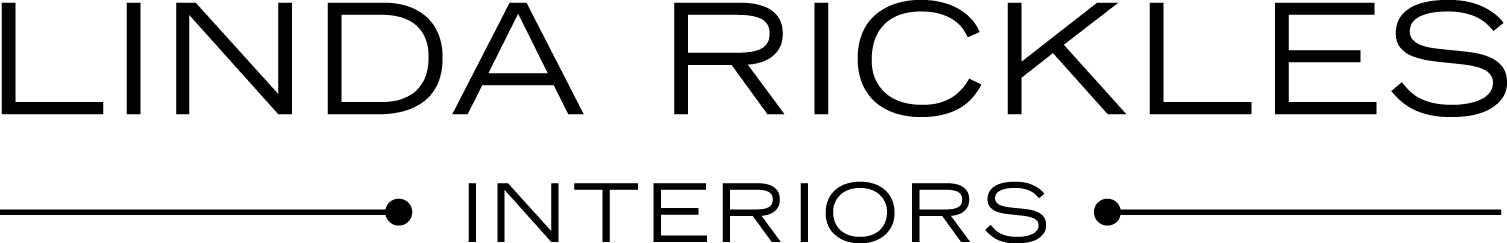 Black text logo reads "LINDA RICKLES INTERIORS" with horizontal lines and dots flanking "INTERIORS" below the name, perfect as a stylish Header or branding element for your Elementor site.